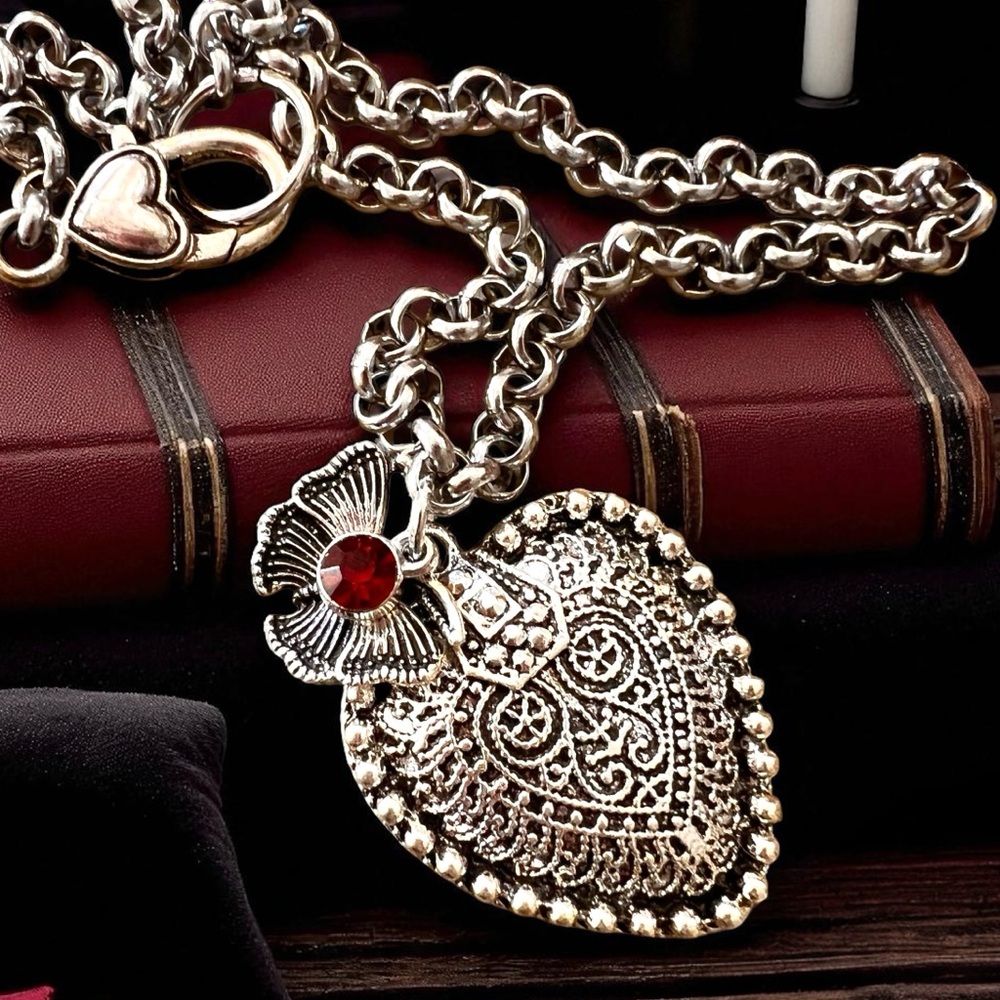 Beautiful Silver Toned Heart Necklace with Butterfly and Red Gem Charm 16.5” - Picture 14 of 17